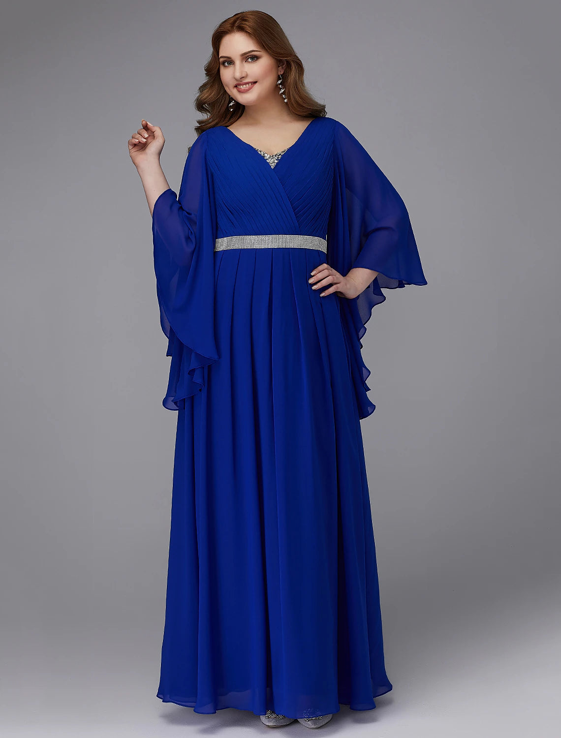 Abito da cerimonia a trapezio, taglie forti, per invitati a nozze, da sera, formale, lungo, manica lunga, scollo a V, in chiffon, con lacci, cristalli e paillettes